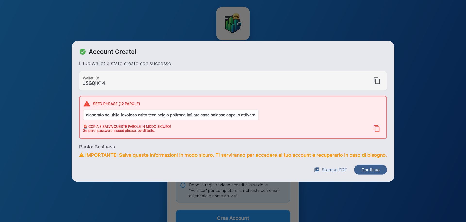 Creazione wallet e seed phrase